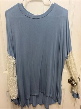 Beeson River Dusty Blue Knit Top with Cream Lace Sleeves